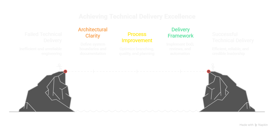 Diagram by Arpit Desai showing the journey from failed technical delivery to successful delivery through architectural clarity, process improvement and a strong delivery framework.